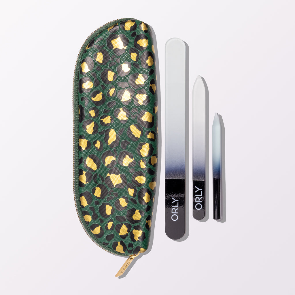 ORLY 3 Piece File Set With Emerald Green & Gold Leopard Print Case
